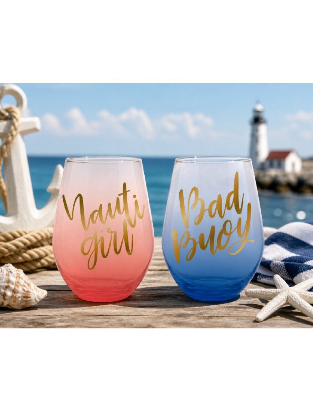 Nauti Girl & Bad Buoy Set of 2 Jumbo Wine Glasses - Holds 1 Full Bottle of Wine